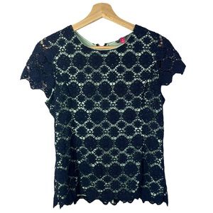 Vince Camuto, Navy Blue & Mint Macrame Lace Short Sleeve Top, Size S